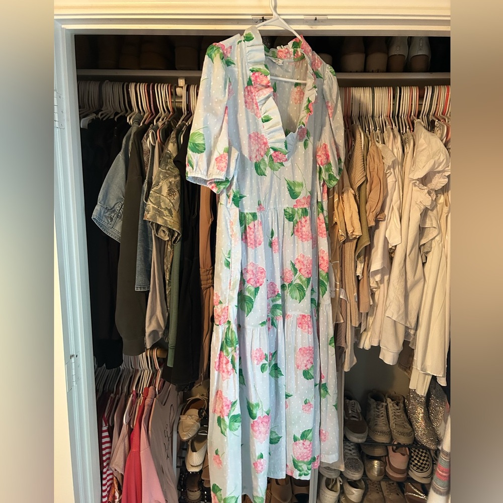 crown & ivy Light Blue Maxi Dress with Pink Floral Print